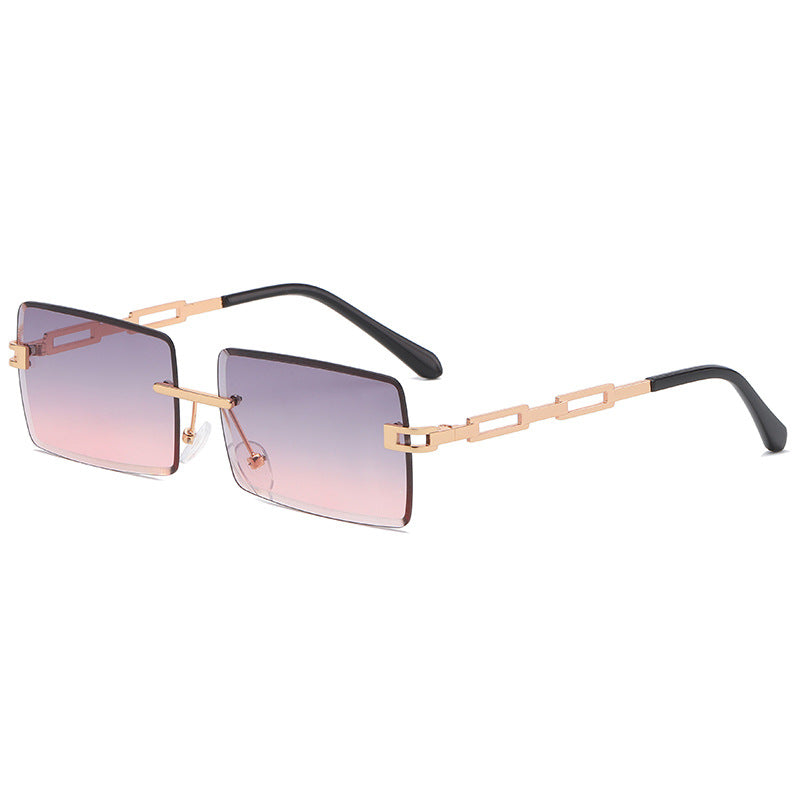 Gafas de sol rectangulares sin montura con patilla cadena dorada, lente gris rosa UV400 — Cientosiete