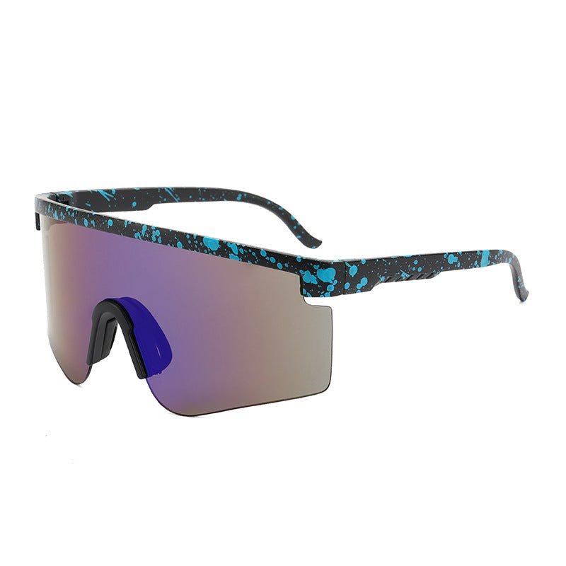 Gafas de sol deportivas estilo Pit Viper azul/azul — lente espejada panorámica splatter | Cientosiete