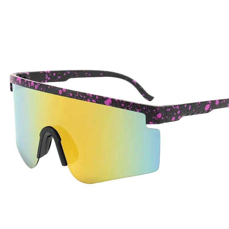 afas de sol deportivas estilo Pit Viper rosa/naranja — lente espejada panorámica splatter | Cientosiete