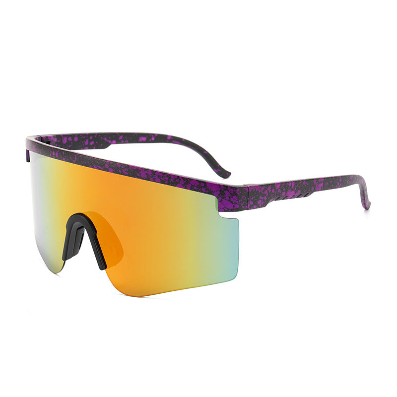 Gafas de sol deportivas estilo Pit Viper morado/naranja — lente espejada panorámica splatter | Cientosiete