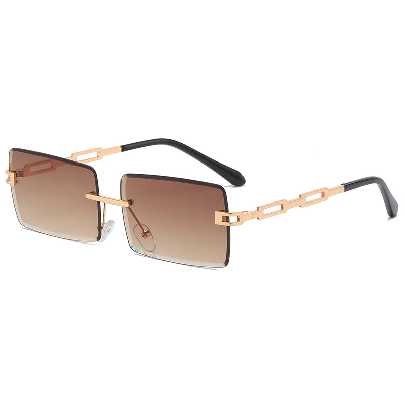 Gafas de sol rectangulares sin montura con patilla cadena dorada, lente marrón UV400 — Cientosiete