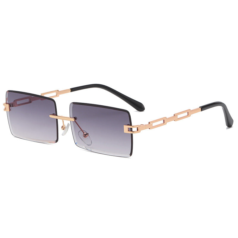 Gafas de sol rectangulares sin montura con patilla cadena dorada, lente gris UV400 — Cientosiete